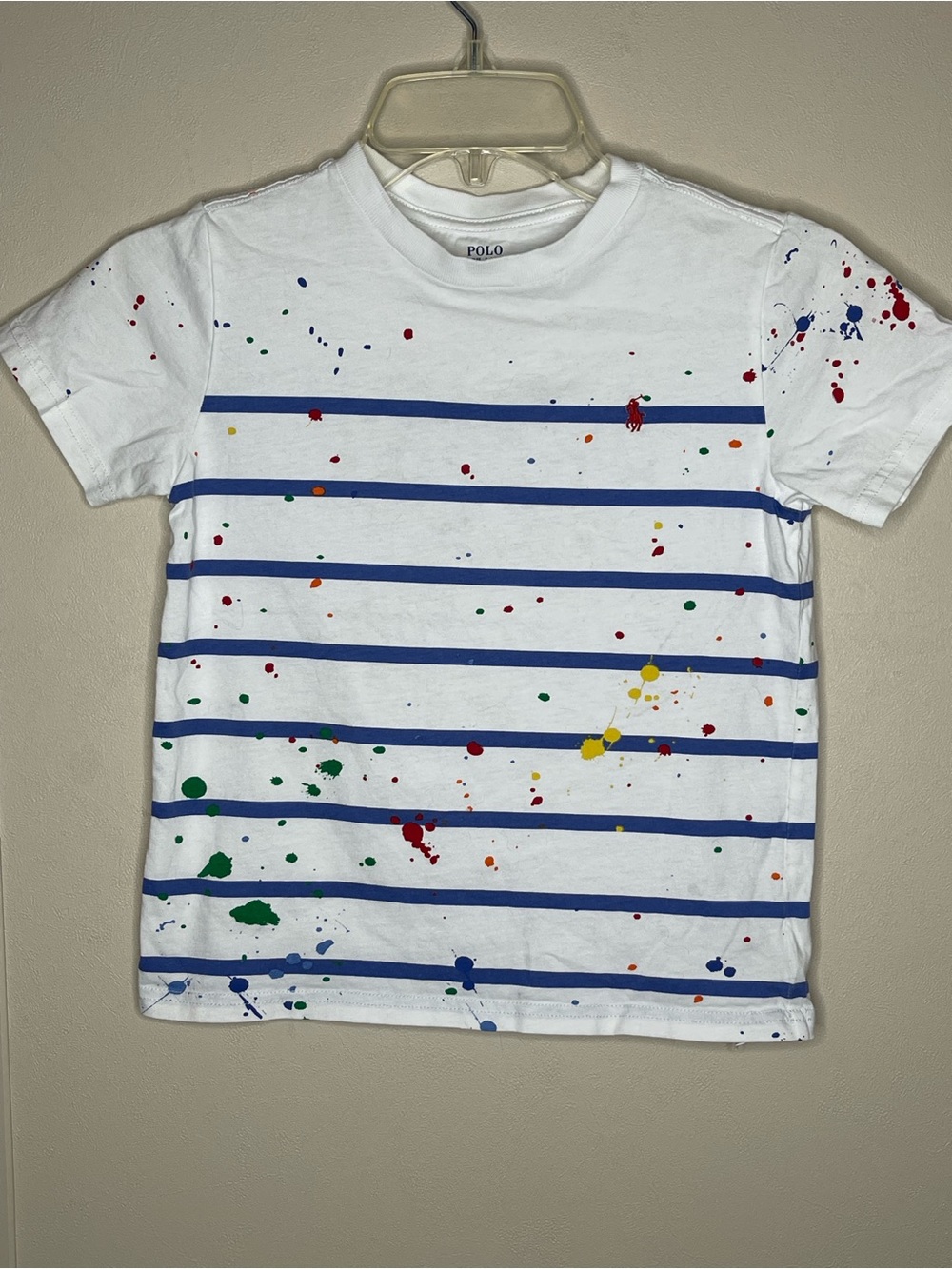 Polo by Ralph Lauren Kids White Stripe Paint-Splash T-Shirt EUC Size 6
